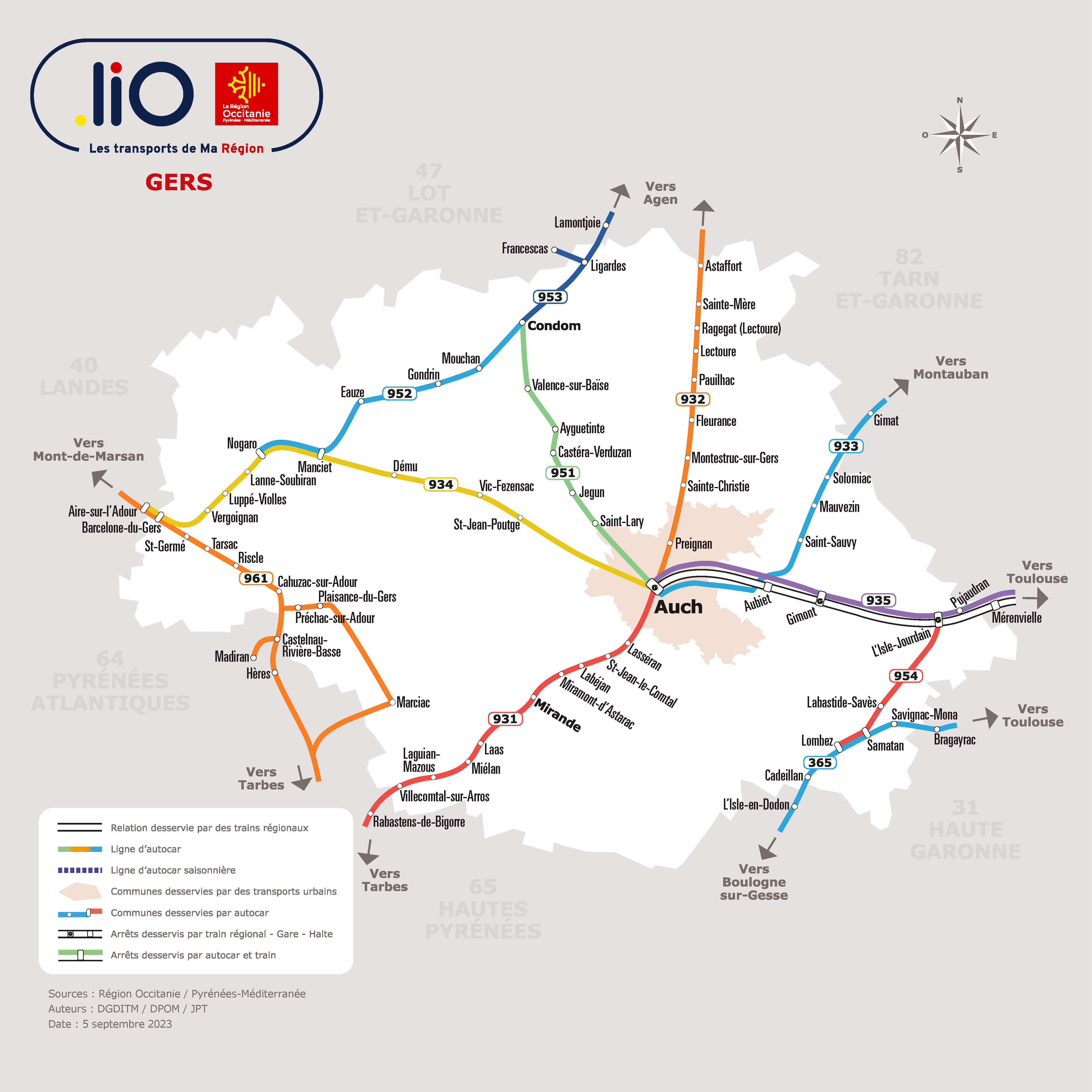 plan des transports en bus Lio Occitanie dans le Gers
